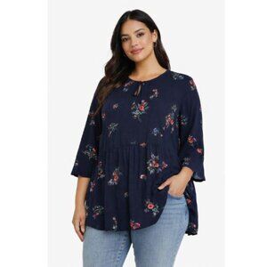 In Every Story Plus Size 3x  Penningtons Dark Blue Floral Blouse 3/4 Bell Sleeve